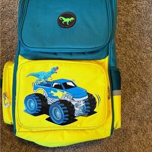 Kids Blue and Yellow Monster Truck Backpack with Dinosaur